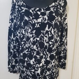 Jones New York Black White Floral Print Long Sleeve Top XL